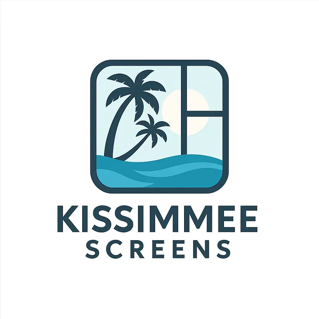 Kissimmee Screens company logo featuring palm trees, window frame, and ocean wave design