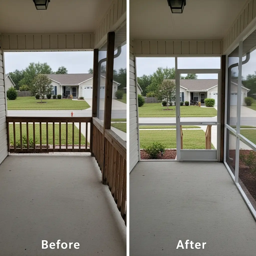 before and after front porch screen repair in Kissimmee, FL showing upgraded mesh panels and new screen door
