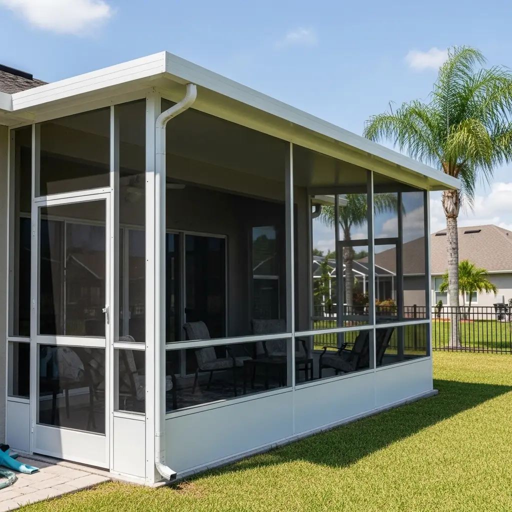 custom lanai enclosure in Kissimmee, FL featuring white aluminum framing and screened outdoor seating area