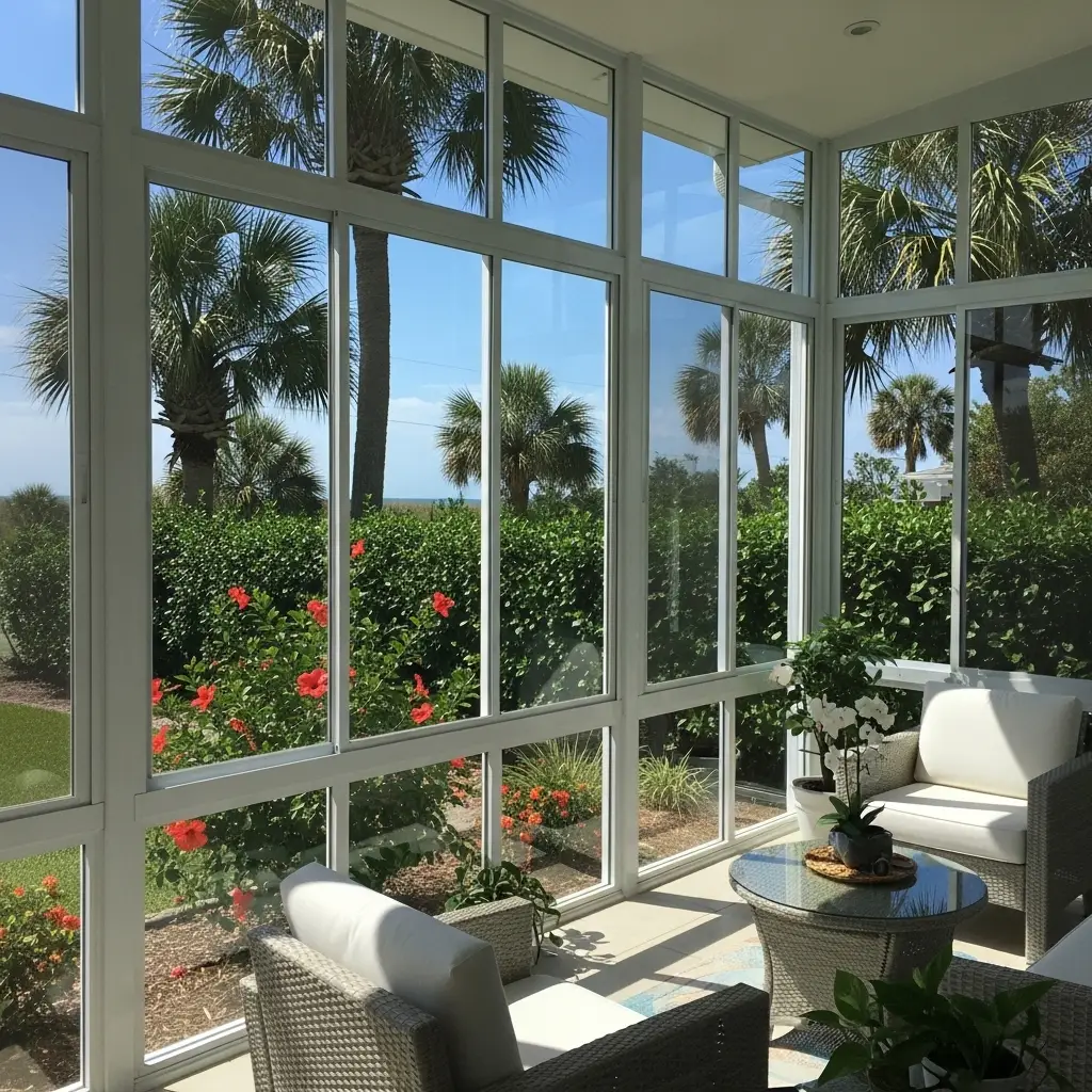 lanai enclosure repair in Kissimmee, FL featuring aluminum frame and screened walls with garden view