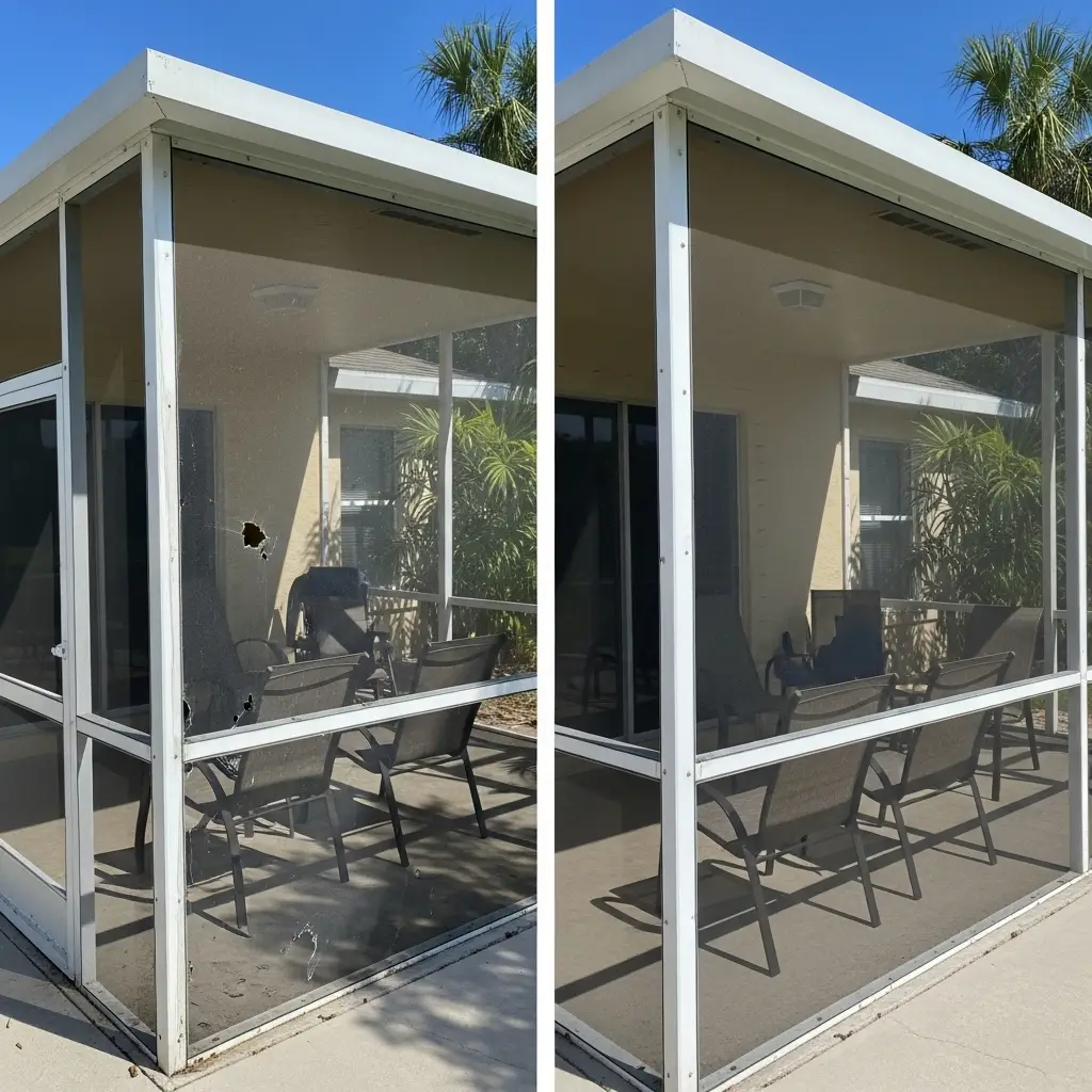before and after lanai screen repair in Kissimmee, FL showing damaged panels replaced with new mesh