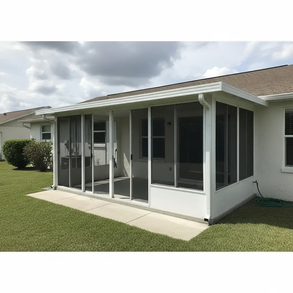 lanai screen repair in Kissimmee, FL featuring white aluminum frame enclosure with new mesh panels