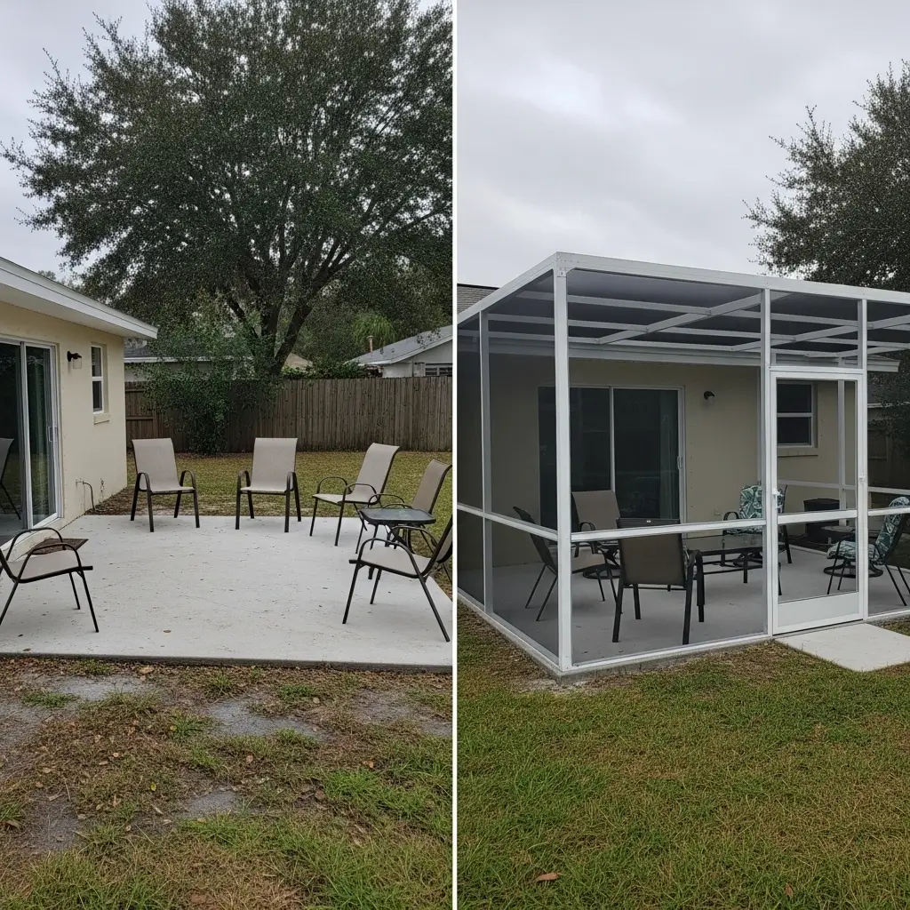 before and after patio screen enclosure installation in Kissimmee, FL showing open patio transformed into screened area