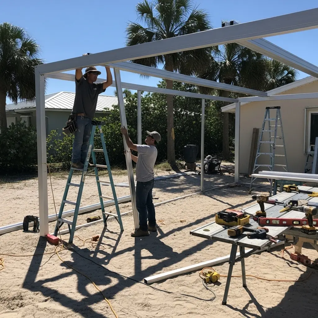 crew installing patio screen enclosure in Kissimmee, FL with aluminum framing and power tools