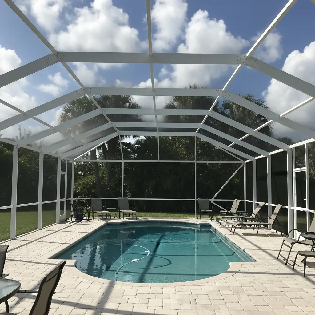 newly installed pool cage enclosure in Kissimmee, FL featuring white aluminum frame and screened roof