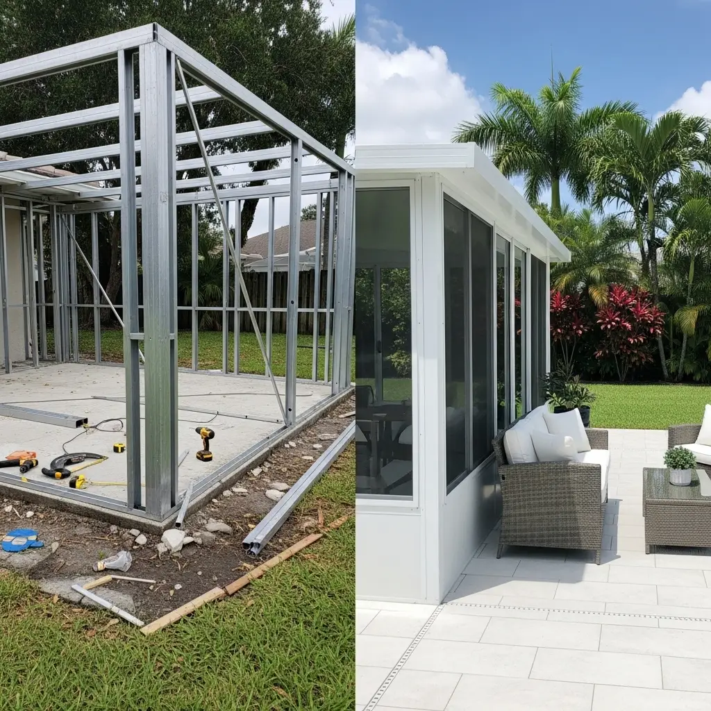 before and after pool cage rescreening in Kissimmee, FL showing aluminum frame rebuild and finished enclosure