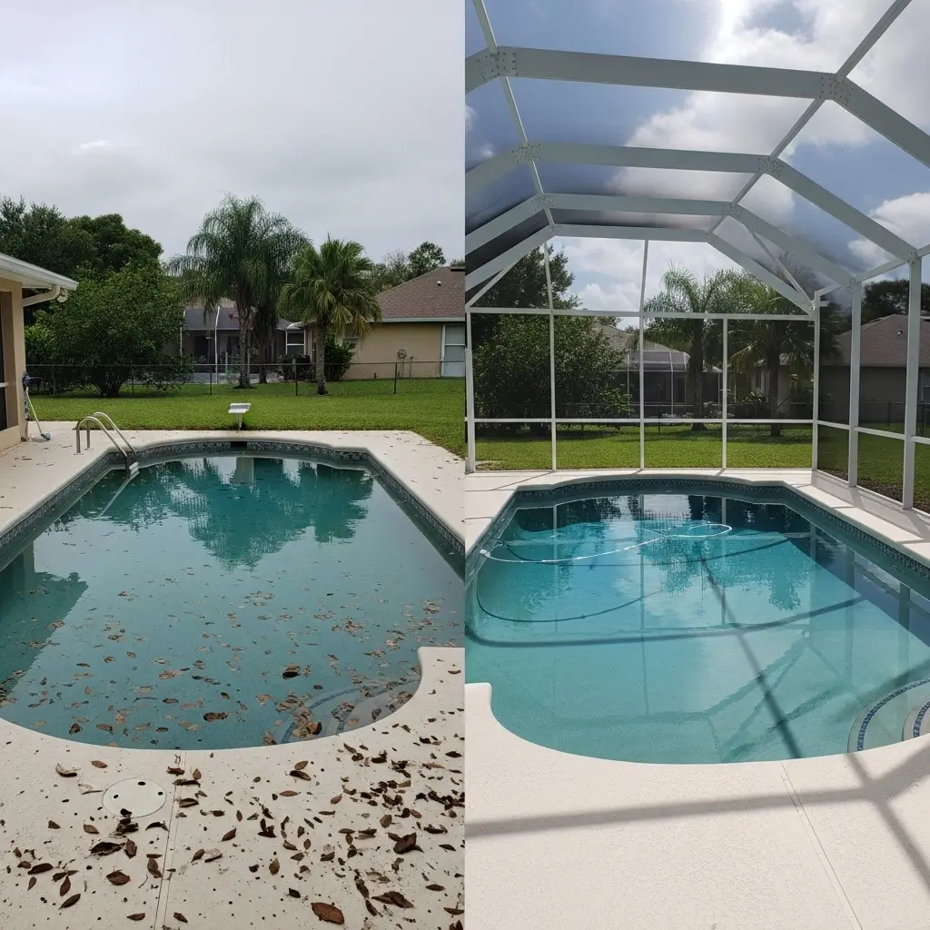 before and after pool enclosure installation in Kissimmee, FL showing clean pool protected by screen structure