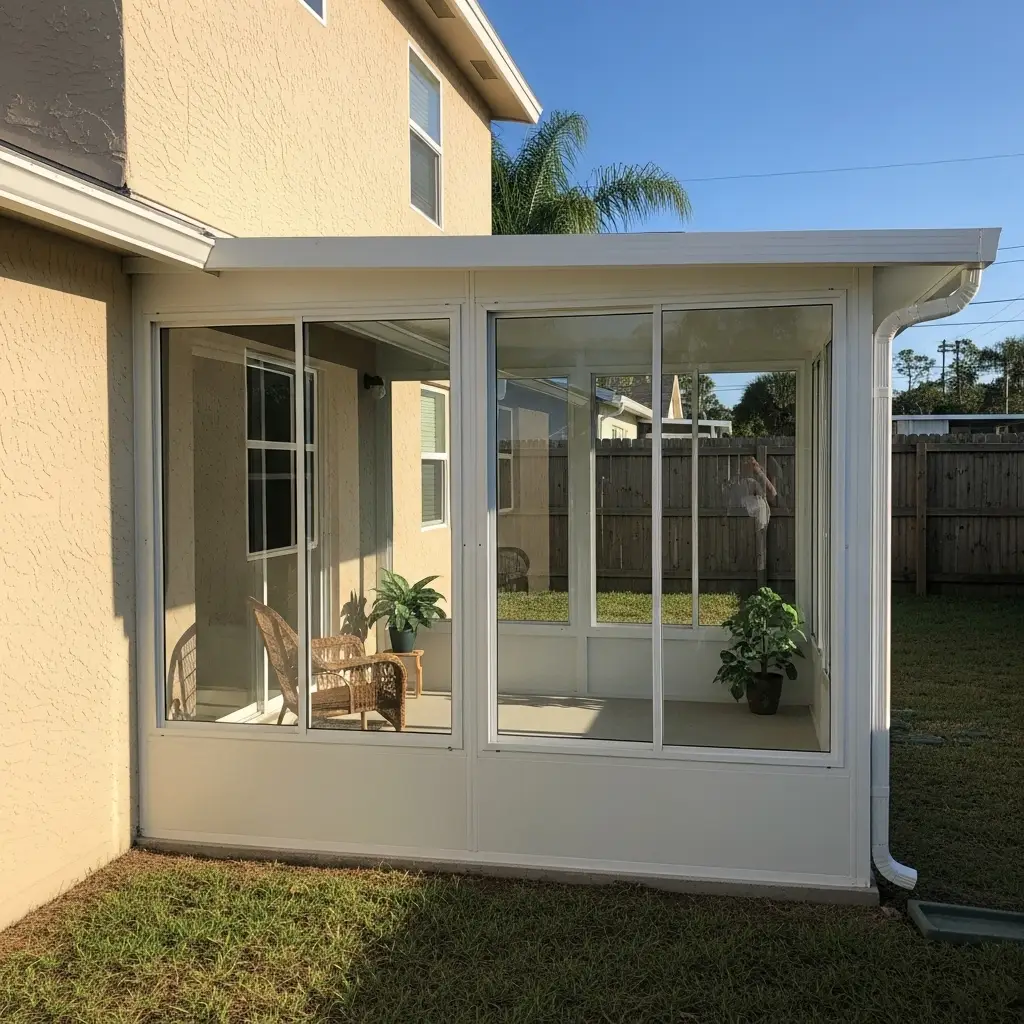 Screen enclosure installation in Kissimmee, FL featuring enclosed patio with glass windows and white frame