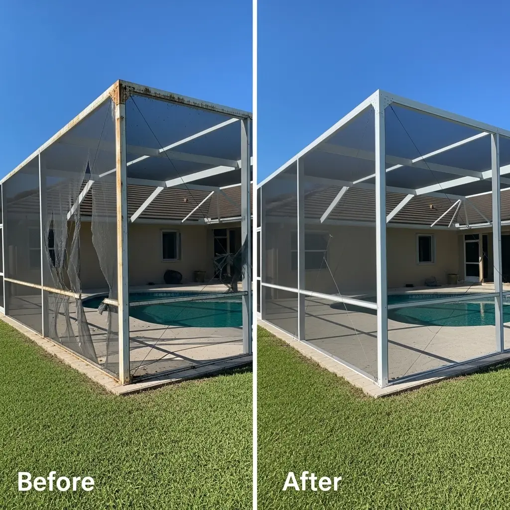 Before and after pool screen replacement in Kissimmee, FL showing restored aluminum enclosure