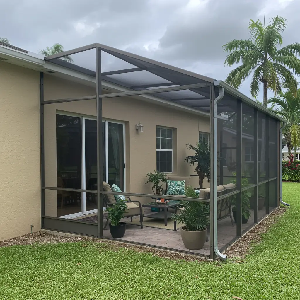 screened patio replacement in Kissimmee, FL featuring aluminum frame and outdoor seating area