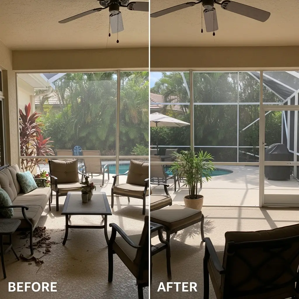 Before and after sunroom window repair in Kissimmee, FL showing restored screened patio enclosure