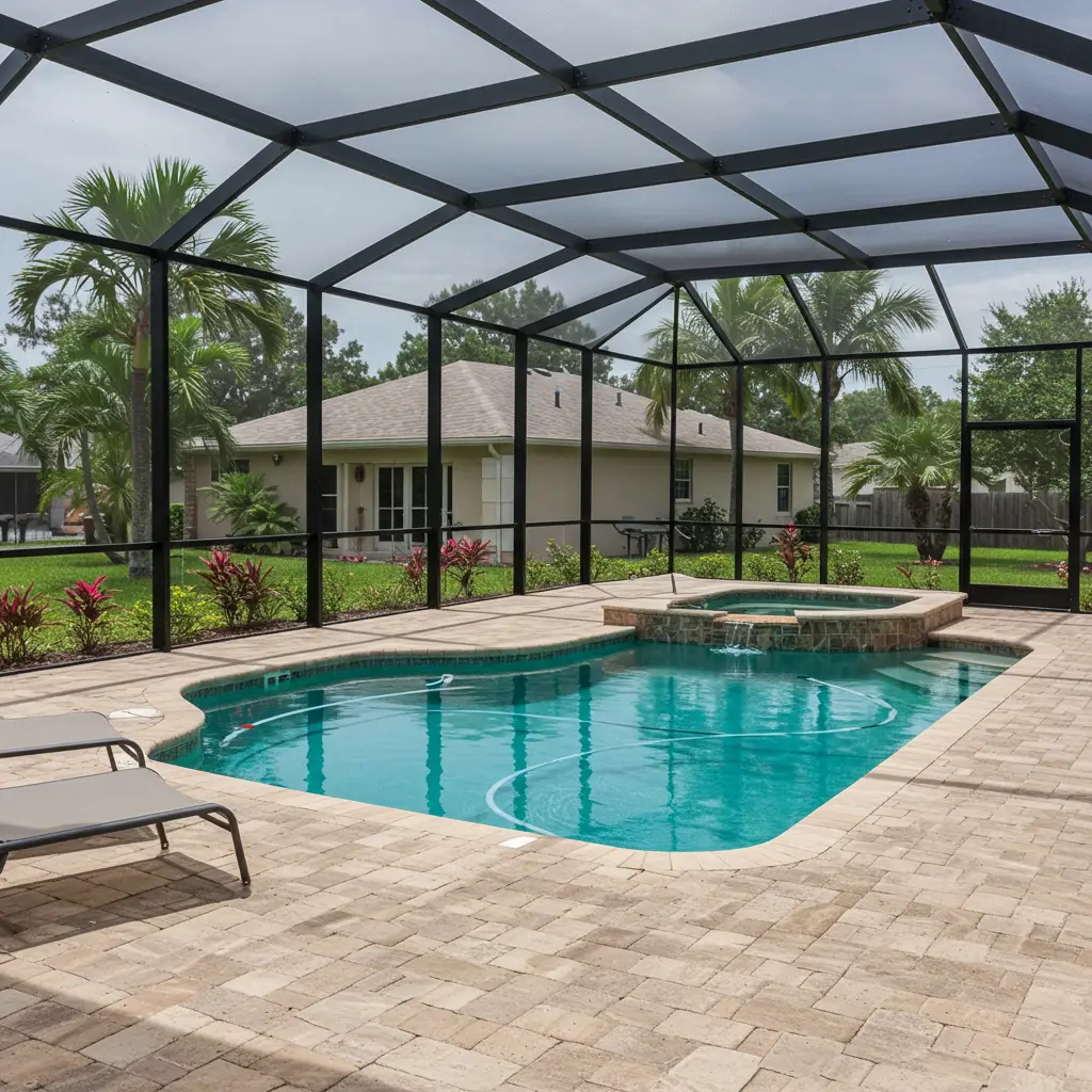 Screened pool enclosure in Kissimmee, FL featuring black aluminum frame and spa area